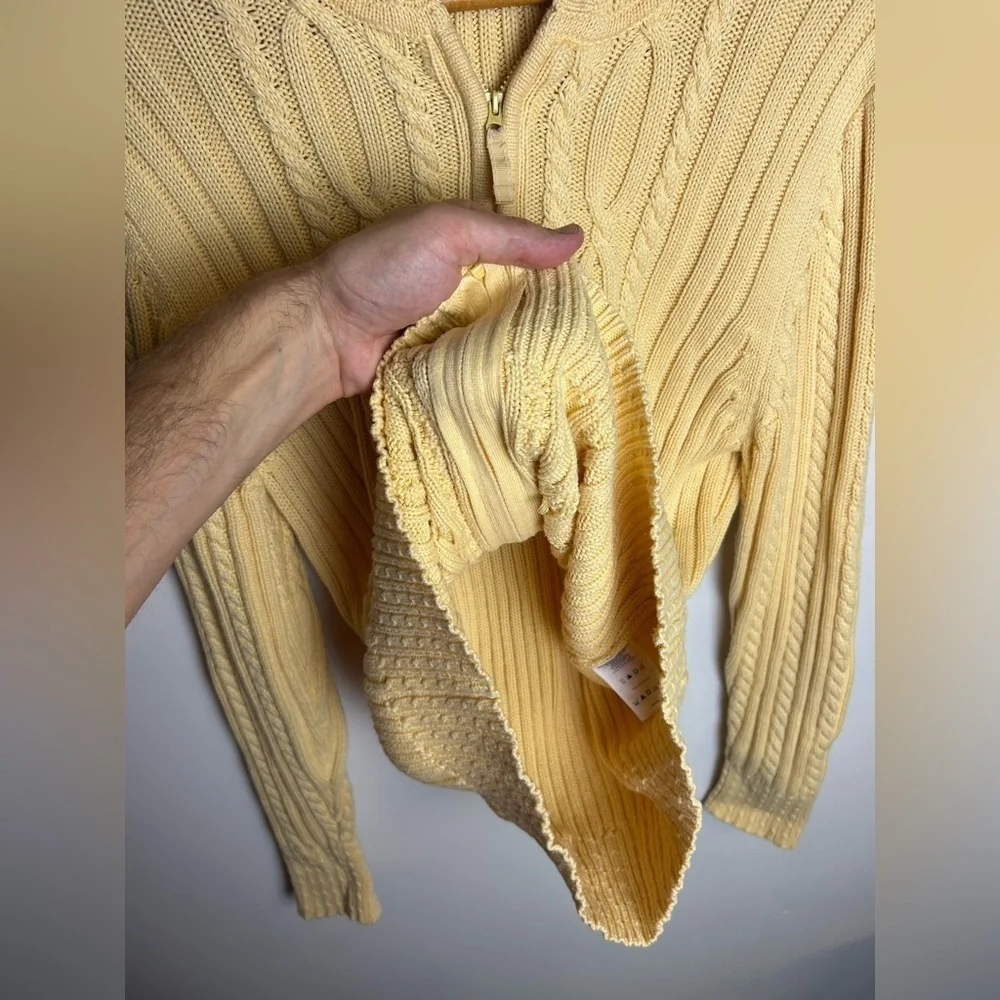 Lads end Cable knit Full Zip Hoodie Yellow Butter‎ Size L old Money Vintage